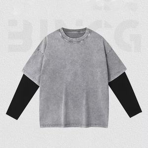 เสื้อเชิ้ตแขนยาวผู้ชายสไตล์เท่ห์ แบรนด์แฟชั่น ดีไซน์สองชิ้นหลอกๆ ผ้าคอตตอนแท้ 250 กรัม ตัดต่อสีสัน สไตล์สตรีทแวร์ - Product Image 4