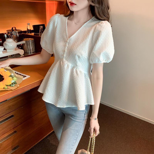 Camicetta Elegante in Chiffon Stile Coreano per Donne e Ragazze, Nuova Moda con Scollo a V, Maniche Corte a Sbuffo, Decorazione con Bottoni, Tinta Unita Lavorata a Maglia - Product Image 5
