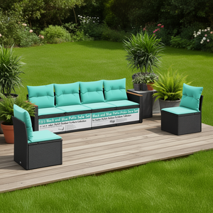 Black And Blue Patio <b>Sofa</b> <b>Set</b> Outdoor Garden Furniture Contemporary Rattan With High Density Foam Cushions Waterproof - Product Image 2