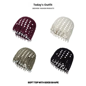 Haute qualité femmes décontracté couleur unie Crochet <span class=keywords><strong>Bonnet</strong></span> chapeau évider Beanie pour la décoration de cheveux - Product Image 5