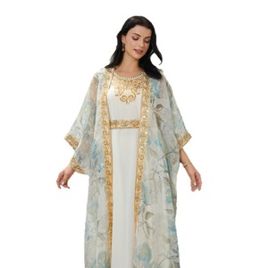 <span class=keywords><strong>Elegante</strong></span> marocchino Abaya oro in rilievo decorazione floreale traspirante due pezzi Set <span class=keywords><strong>caftano</strong></span> per l'estate per Eid primavera autunno medio - Product Image 5