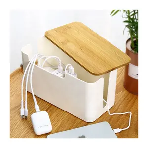 Caja organizadora de cables para el hogar y la Oficina, caja pequeña de color blanco con tira de alimentación, gestión de cables de estilo de madera para escritorio