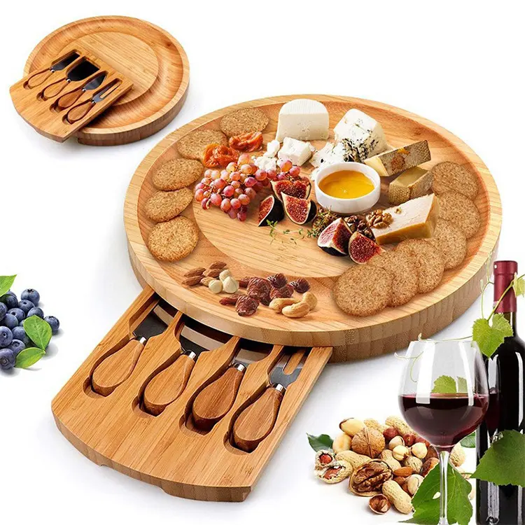 Tabla de cuchillos con logotipo personalizado, cuadrada, redonda, rectangular, prémium, barata, para carne de bambú, charcuterie, queso, venta al por mayor