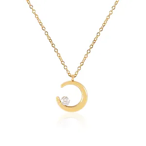 Collier en or tendance pour femmes, croissant de lune, 24 carats, bijoux en cristal pour mariage