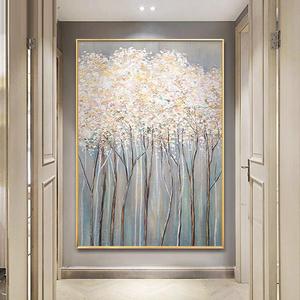 Peinture à l'huile abstraite peinte à la main, arbre à argent doré, cadre doré, rectangle, art mural moderne minimaliste pour salon, décoration murale suspendue - Product Image 4
