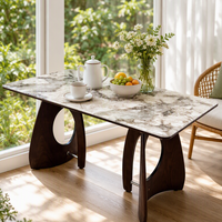 Table à manger en verre de luxe moderne, motif marbre imprimé en 3D, pieds en bois massif courbés, structure en métal, rectangulaire, pour la maison et l'hôtel