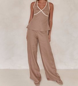 <span class=keywords><strong>Pantaloni</strong></span> casual da donna <span class=keywords><strong>marroni</strong></span> larghi a vita alta <span class=keywords><strong>pantaloni</strong></span> lunghi di <span class=keywords><strong>lino</strong></span> da donna - Product Image 2