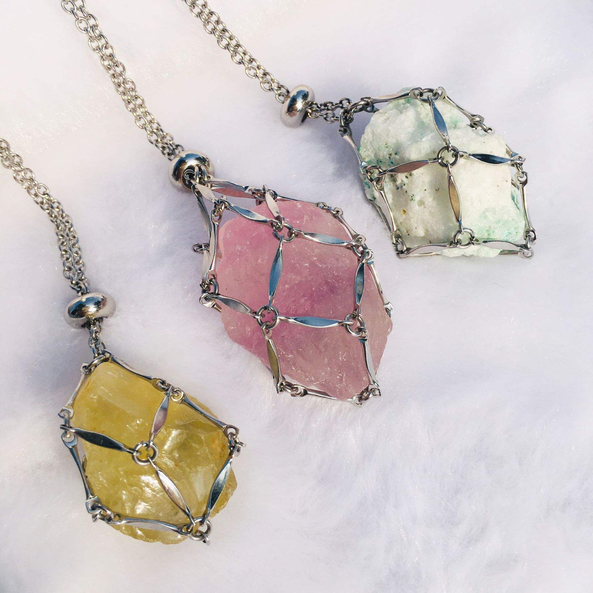 Macrame Crystal Holder Adjustable Stainless Steel Necklace