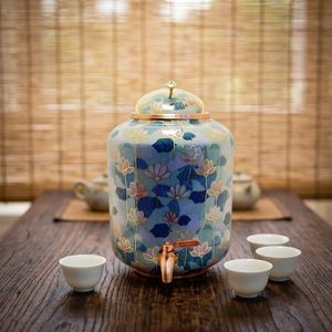 Distributeur d'eau en cuivre pur imprimé lotus de qualité supérieure, capacité 0,8 L, réservoir de stockage d'eau ayurvédique avec robinet en laiton - Product Image 4