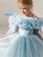 Gaun Formal Remaja Meiqiai Biru Langit Model Off Shoulder Buatan Tangan dengan Hiasan Mawar 3D, Lengan Ruffle Transparan, Gaun Pengiring Pengantin/Pesta LP819