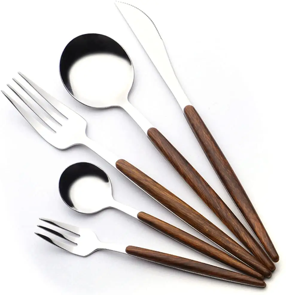 Best-Selling japanese korean 20-piece Stainless Steel Cutlery Set with Wood grain color handle ,for family kitchen hotel
