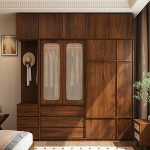 Système de placard de chambre Japandi en noyer et rotin, avec armoire supérieure, tiroirs, zone à crochets, montage facile, taille personnalisable, du sol au plafond - Product Image 1