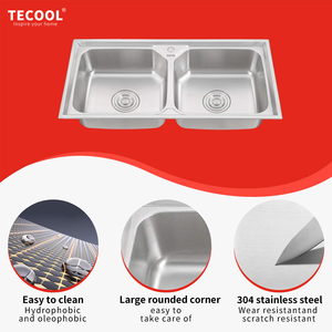 Évier de cuisine professionnel en acier inoxydable 304, <span class=keywords><strong>double</strong></span> bac, à poser, moderne, pour la maison, finition argentée - Product Image 5