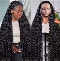 Wig Rambut Asli Manusia 100% Hitam untuk Wanita, Model Deep Wave HD Lace Frontal Tanpa Lem, Full Lace Panjang, Wig Rambut India Mentah Model Wave