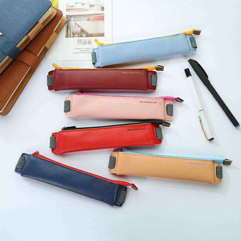 Elastic Strap PU Leather Pen Pencil Pouch Holder Stationery Zipper