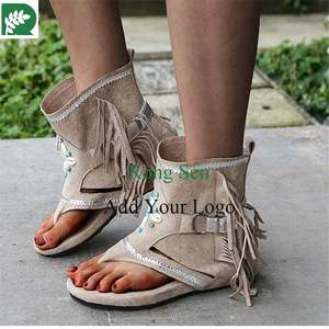 Creux trous et glands coquillage décoré en <span class=keywords><strong>cuir</strong></span> bottines sandales sandales plates pour femmes - Product Image 2