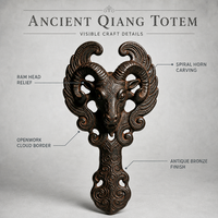 Pendentif Ornement Suspendu en Métal Coulé, Relief Totem Tête de Mouton Qiang Ancien, Art Tribal Populaire, Gardien