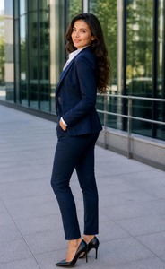 Traje de Tres Piezas Azul Marino a Medida para Mujer, Corte Entallado, Ropa de Oficina con Blazer Estructurado, Chaleco a Juego - Product Image 2