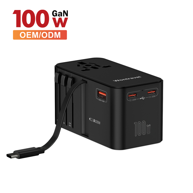 Wontravel 100W GaN Fast Charging Wall Type C Retractable Cable Universal Travel Adapter Worldwide 4 USB