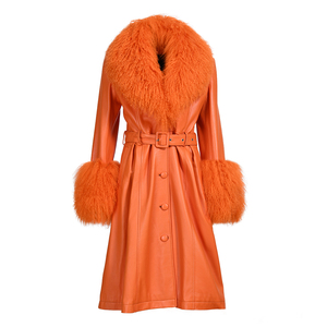 Nuovo Arrivo: Cappotto in <span class=keywords><strong>Pelle</strong></span> di Pecora con Collo e Polsini in Pelliccia di Pecora Mongola, Giacca in Vera <span class=keywords><strong>Pelle</strong></span> da <span class=keywords><strong>Donna</strong></span> Moda Autunno Inverno - Product Image 3