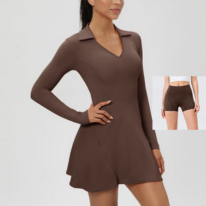 Sıcak satış kadın tenis Golf elbise şort inşa cepler ile V boyunluk uzun kollu streç atletik aktif Polo elbiseler - Product Image 3