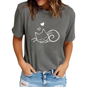 T-<span class=keywords><strong>shirt</strong></span> d'été décontracté en maille respirante pour <span class=keywords><strong>femme</strong></span>, <span class=keywords><strong>motif</strong></span> <span class=keywords><strong>chat</strong></span> et tournesol, gris clair, neuf et tendance - Product Image 1