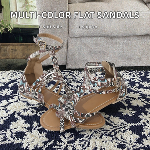 Multi Color Printed <b>Flat</b> <b>Sandals</b> Open Toe <b>Gladiator</b> Slip on PU Strap <b>Sandals</b> for Outdoor Wear - Product Image 2