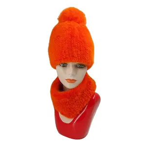 High Quality Hand-Knitted Mink Fur Hat And Stretch Scarf Women'S Winter Warm Hat And Collar