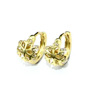 Gold Color Plating CZ Setting Snow Flower Shape Funky Huggie Earrings For Women Girl's Jewelry