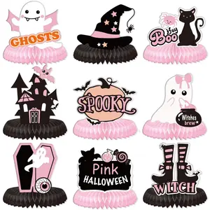 9 Stuks Roze Halloween Feest Decoraties Spookachtige Tafel Middelpunt Decoraties Papier Honingraat Ballen Voor Thuis Feest
