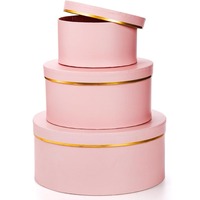 Boîte cadeau ronde avec couvercle, présentant un motif floral rose avec bordure dorée, personnalisable selon vos besoins