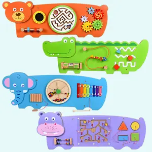 Kindergarten Safe Wall-Mounted Activity Busy Board Wooden Cartoon Hippo/Bear/Crocodile/Elephant First Steps Learning Wall Toys