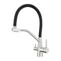 Robinet de cuisine à 2 poignées et 3 voies avec douchette extractible, eau chaude et froide purifiée, et tuyau en silicone