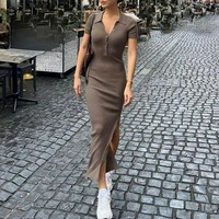 WY509002 Nouvelle Collection Été 2026 – Robe Longue Tricotée Élégante pour Femme, Tendance Sexy avec Col en V Profond et Manches Courtes Fendues