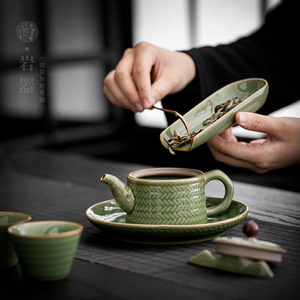 Retro Pottery Teapot And <b>Cups</b> <b>Set</b> Bamboo Green Glaze 6 Piece Kung Fu <b>Tea</b> <b>Set</b> With Lid For Afternoon <b>Tea</b> - Product Image 3