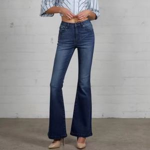 Nouveau design, logo personnalisé, jeans évasés taille haute, délavés à l'acide, bleu foncé, pour femmes - Product Image 3