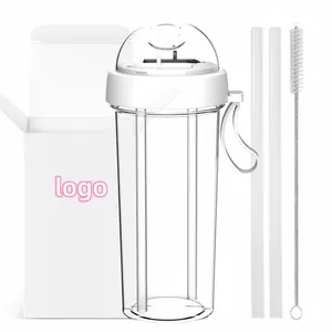 manufacturer Eco-Friendly BPA FREE Clear Drinking Hot selling Cute Design travel Plastic Double interval Water Bottle With Straw