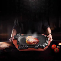 Poêle à steak en forme de taureau en fonte Griller et grésiller Restaurant Plaque antiadhésive avec plateau en bois Poêles à frire
