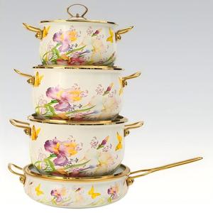 ชุดหม้อเคลือบ 4 ชิ้น จากโรงงานโดยตรง พร้อมหูจับสีทอง ฝาแก้ว หม้อซุปเคลือบ รับสั่งซื้อจำนวนมากสำหรับซูเปอร์มาร์เก็ตและร้านค้าปลีก - Product Image 1