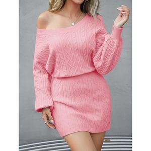 Robe pull pour femme, col rond, tricot torsadé, coupe ample, mini-robe asymétrique, taille élastique, respirante, pour l'automne - Product Image 4