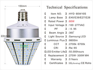 5 años de garantía de fábrica 170lm/<span class=keywords><strong>W</strong></span> Reemplace el haluro metálico HPS E40 E39 <span class=keywords><strong>E27</strong></span> E26 Ex39 20W 25W 30W 40W 60W 80W bombilla de maíz <span class=keywords><strong>E27</strong></span> lámpara LED - Product Image 6