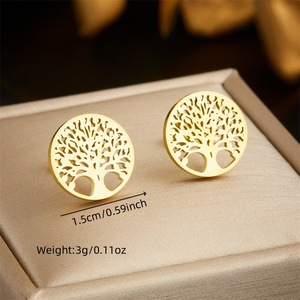 <b>Tree</b> Of Life Pendant <b>Necklace</b> Set Stainless Steel Stud Earrings Women's Fashion Jewelry Party Accessories Gold Tone Hollow - Product Image 4
