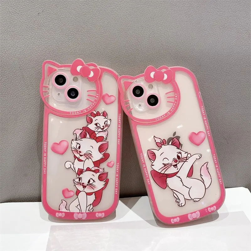 Cute Girls Cartoon Cat Camera Lens Protect Design Pink Cat Phone Case For iPhone 13promax 12Pro 11 XS XR Shockproof Back Cover