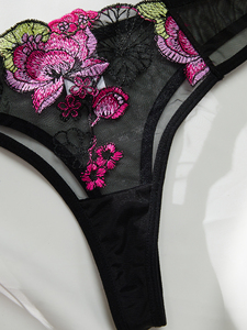 Ensemble de lingerie sexy pour femmes, soutien-gorge en dentelle noire transparente, culotte brodée en soie, string, logo sur la taille, nylon, lingerie sexy pour filles - Product Image 4