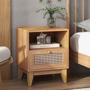 Mesa de <span class=keywords><strong>Noche</strong></span> Rústica de Madera con Cajón, Estilo Granja, con Ratán, para Dormitorio - Product Image 4