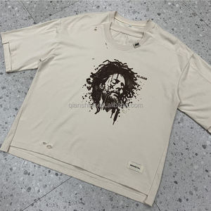 Ropa de calle, camiseta desgastada con cuello doble, camisetas de gran tamaño estampadas con hombros caídos, camiseta personalizada Boxy de algodón con lavado ácido - Product Image 3