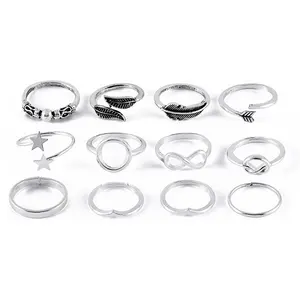 12 Pieces/set Fashion Color Silver Exquisite Ring for Women Leaf Geometric Opening Ring Set Gift Jewelry Accessories