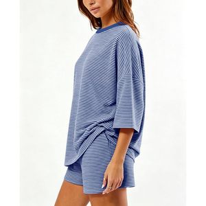 Women 2 Piece Striped <b>Lounge</b> Set Short Sleeve Oversized T-Shirt Pjs Shorts Casual Matching Pajamas Set - Product Image 4