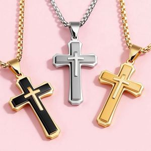 Titan-Stahl Kreuz Großer Anhänger Halskette mit Dreischichtiger Box-Kette Jesus-Kreuz Kruzifix für Männer Teenager Jungen Schmuck - Product Image 1