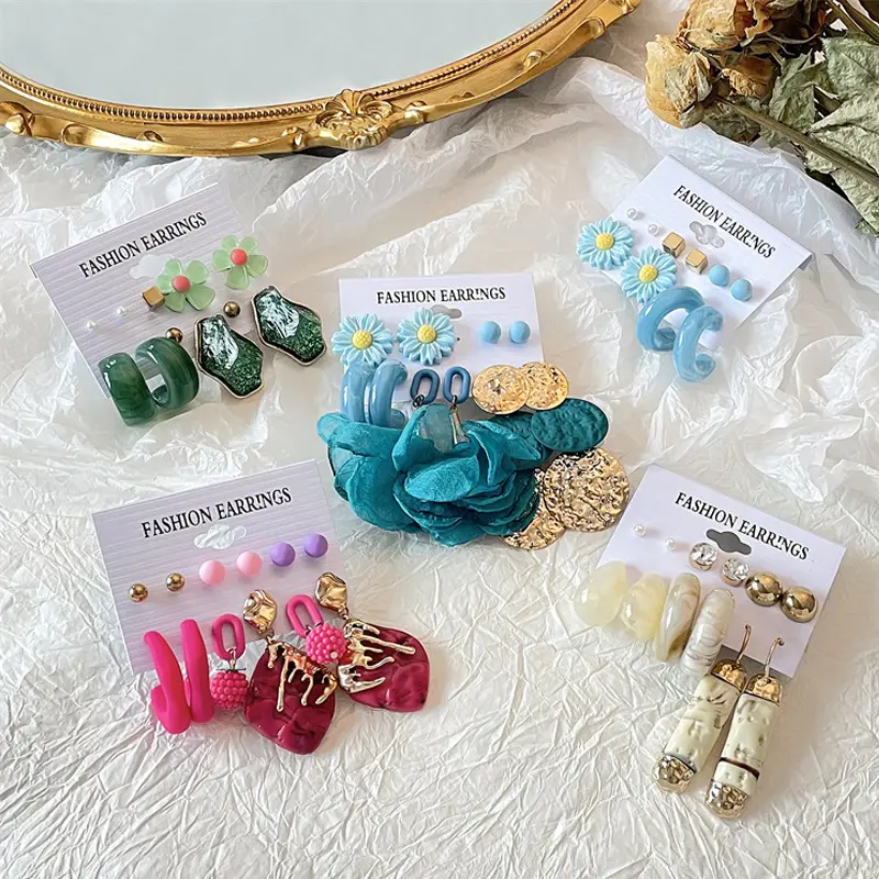 6 paia/set colori caramella orecchini a cerchio geometrici orecchini acrilici in resina carina creativa Set per gioielli con ciondoli per ragazze da donna